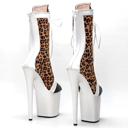 Leecabe 20CM/8Inch Léopard blanc mette PU dessus ouvert mode talons hauts Pole Dance boot