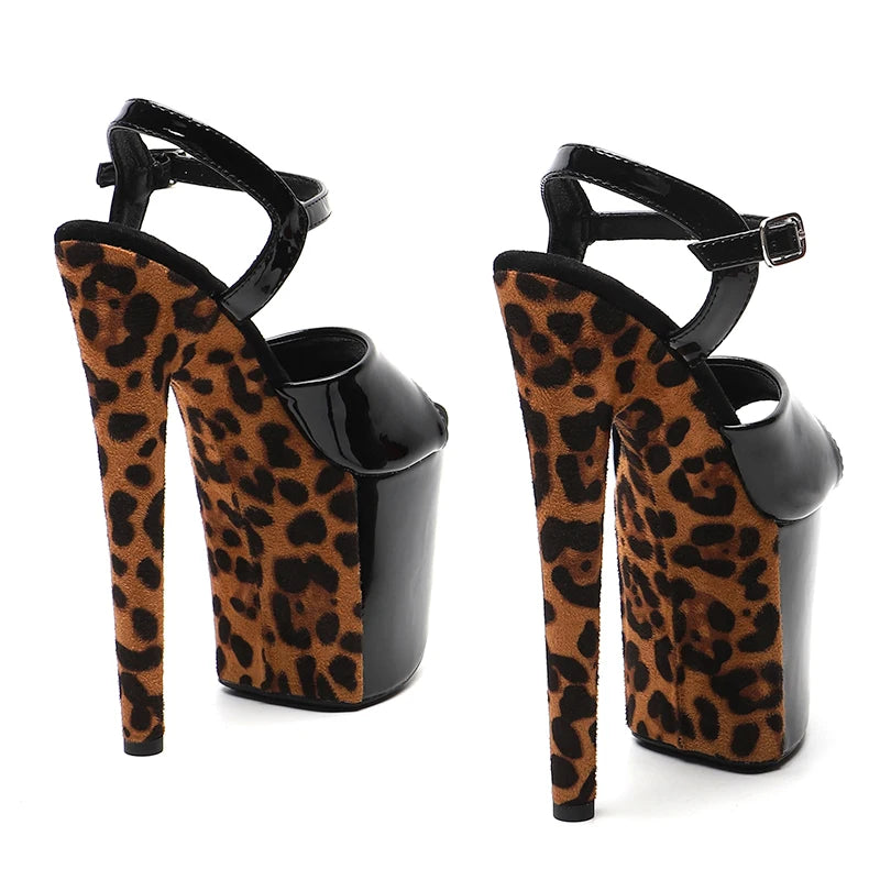 Leecabe 20cm/ 8 pouces Tige en cuir verni avec léopard Dame Mode Plateforme Talon haut Pole Dance Sandales Chaussures