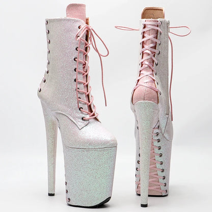 Leecabe 23CM/9inches   White color  mix pink color Glitter  PU  Pole dancing platform Pole Dance boots