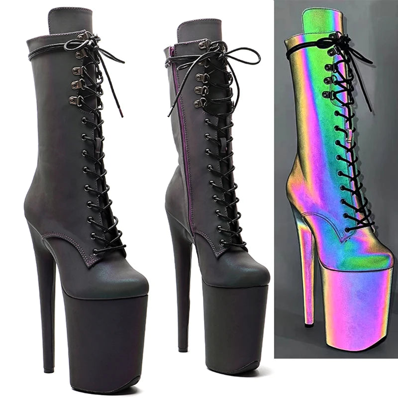 Leecabe 23CM/9 zoll Reflektierende material PU Sexy stiefel High Heels Plattform Pole Dance