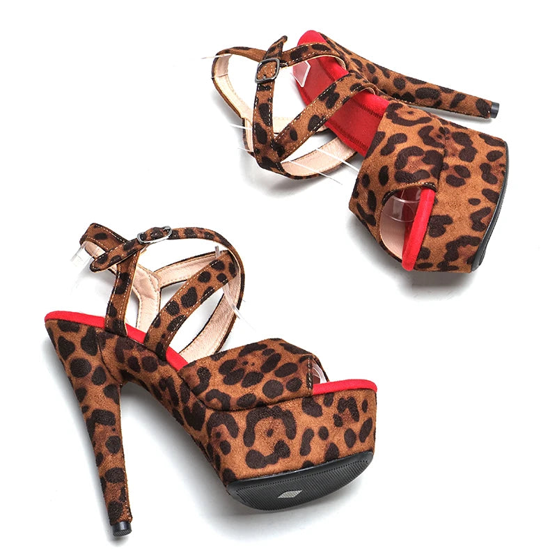 Leecabe 15CM/6Inch Leopard print  Upper Ladies fashion party Platform High Heels Shoes Pole Dance sandals Shoes