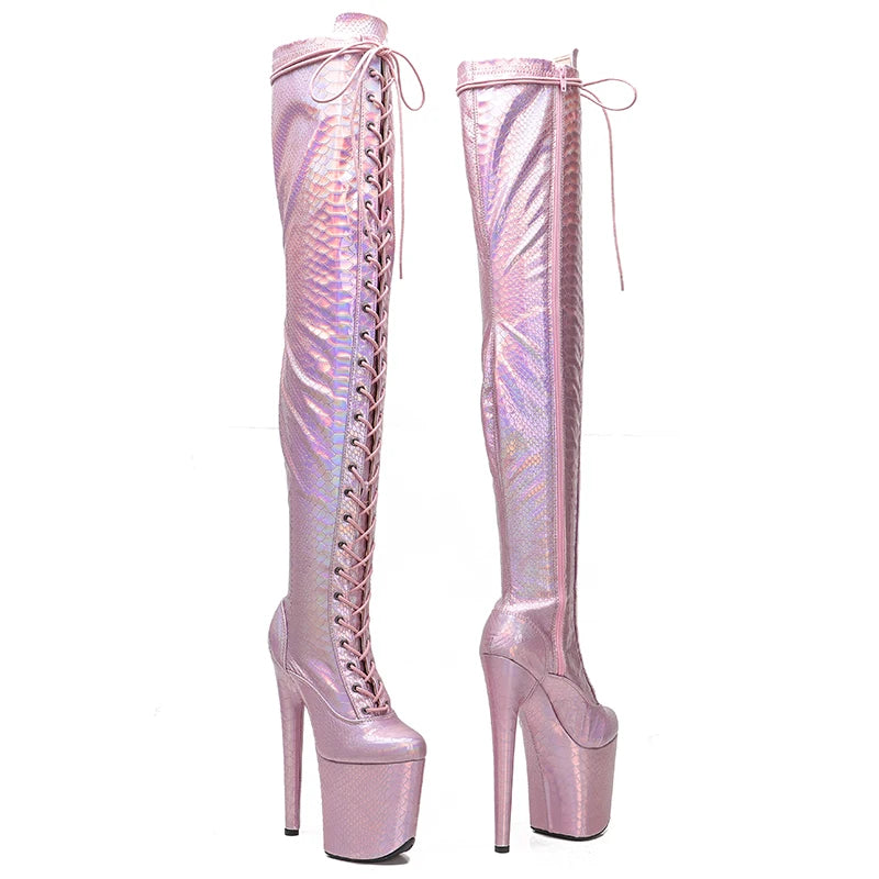 Leecabe 20CM/8inche Bottes à plateforme à talons hauts avec tige en serpent Bottes de pole dance