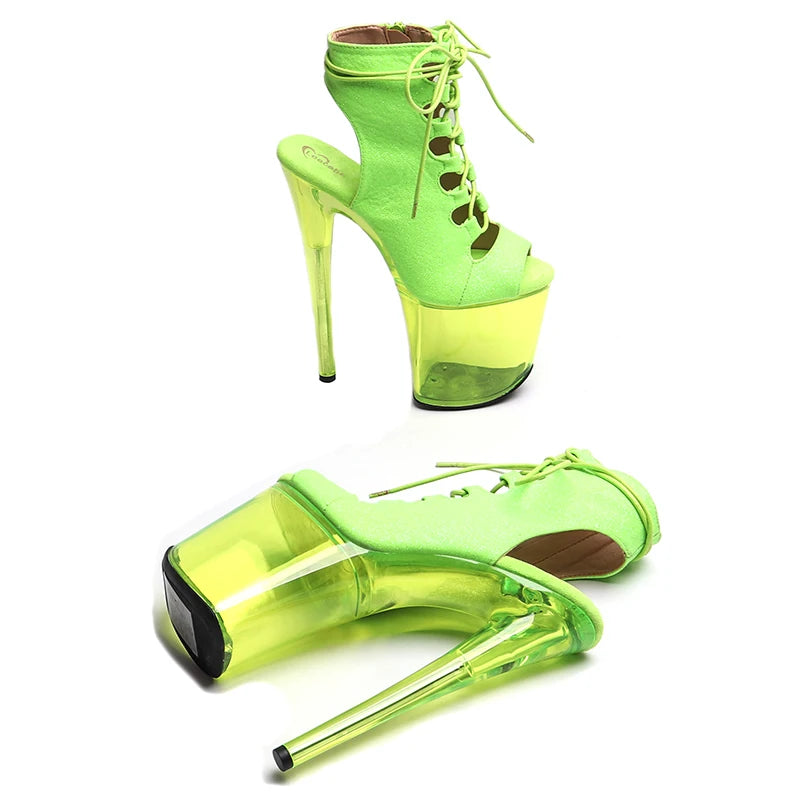 Leecabe 20CM/8 pouces Tige pailletée Tendance Mode Bout ouvert Transparent Couleur verte Talon haut Pole Dance Bottes