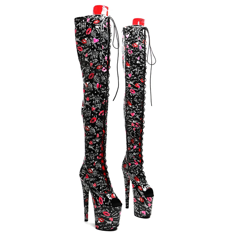 Leecabe 20CM/8inches Lack PU Liebeslippenprint Trendmode Offene Zehen High Heel Plateau Stripperabsatz Pole Dance Stiefel