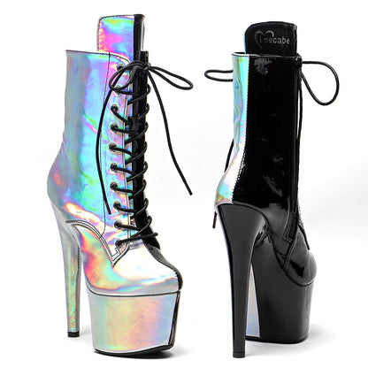 Leecabe Holo Shiny PU Upper 17CM/7 pouces Chaussures de pole dance Bottes à talons hauts Chaussures de pole dance