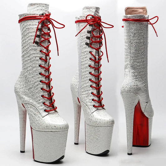 Leecabe 20CM/8 pouces PU Tige Blanche avec Couleur Rouge Chaussures de Pole Dance Talon Haut Plateforme Pole Dance Boot