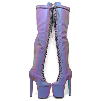 Leecabe 20CM/8Inch Veilleuse Plateforme Réfléchissante Holographique Chaussures à Talons Hauts Pole Dancing Boot