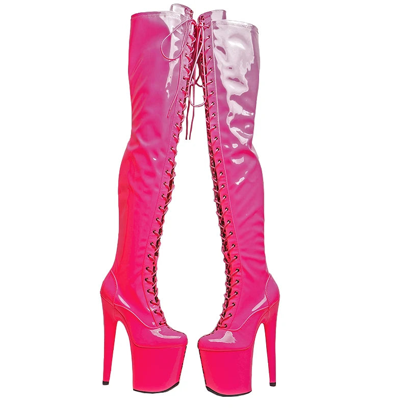 Leecabe 20CM/8 pouces PU verni brillant avec léopard Bottes à talons hauts à la mode et sexy Bottes de pole dance