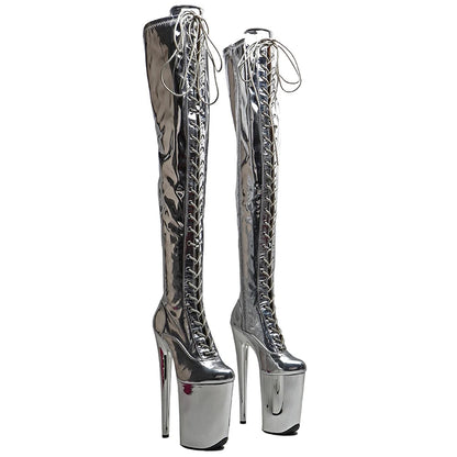 Leecabe 23CM/9 Zoll glänzendes PU-Obermaterial modischer Plateau-High-Heel-Stripper-Absatz Pole Dance-Stiefel