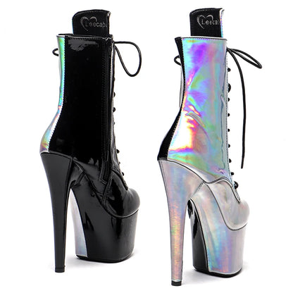 Leecabe Holo Shiny PU Upper 17CM/7 pouces Chaussures de pole dance Bottes à talons hauts Chaussures de pole dance