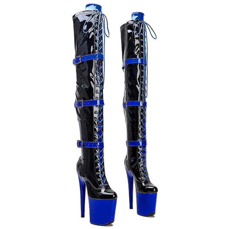 Leecabe  20CM/8inch Black  with blue  Patent  Fashion trend Pole dancing High Heel platform Boots