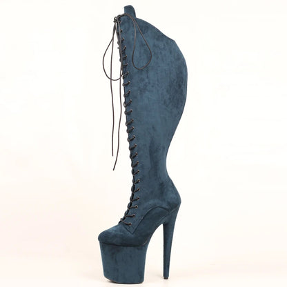 CACA 20CM Talons Hauts Femmes Plateformes Cuissardes, Hommes Night Club Pole Dance Chaussures, Genou Haute Botas, Lacets Avant, Bleu, Couleurs Personnalisées