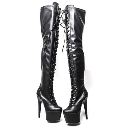 Leecabe 17CM/7 pouces Mat PU Tige sexy cuissardes à lacets Talon haut plateforme Pole Dance Boot