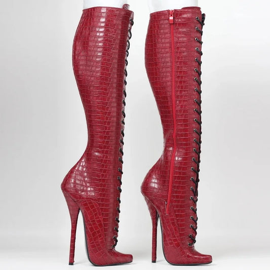 Bottes de ballet à talons hauts CACA 18 cm, chaussures de pole dance pour spectacle de scène, bottines sexy jusqu'aux genoux, cuir à motif crocodile, rouge, couleurs personnalisées,