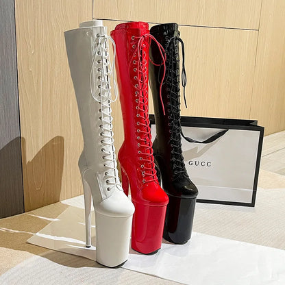 Heels 26CM Platform 16cm Long Tube Knee-High Leather Women Boots Super High Heels Red Fetish Shoes Front Tie Side Zip Dance Boot