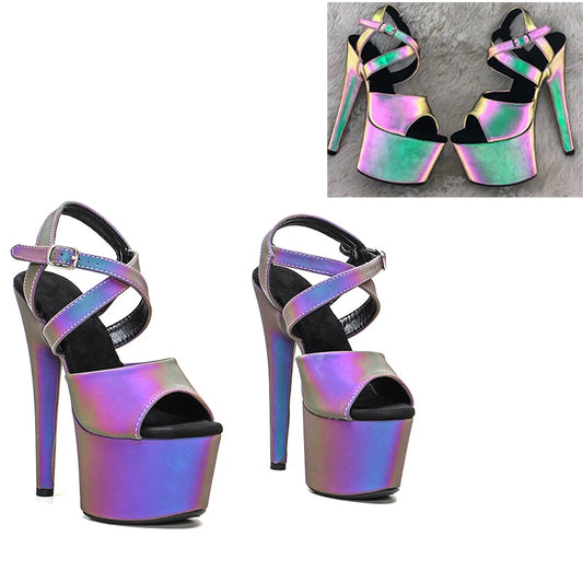 Leecabe 17CM/7inch Night light  holographic PU Sandals Pole Dancing Shoes High Heels Shoes Nightclub Dance Shoes