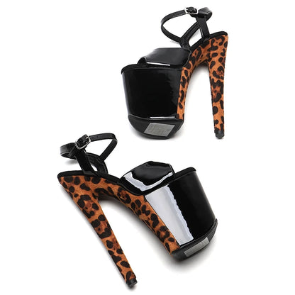 Leecabe 20cm/ 8 pouces Tige en cuir verni avec léopard Dame Mode Plateforme Talon haut Pole Dance Sandales Chaussures