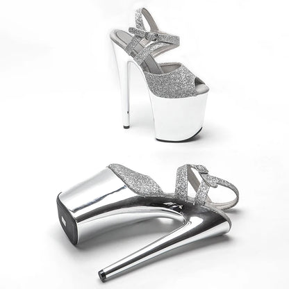 Leecabe  8Inch/20cm   Glitter  upper  electroplate  Silver Platform  High Heels party Sandals  Pole Dance Shoes