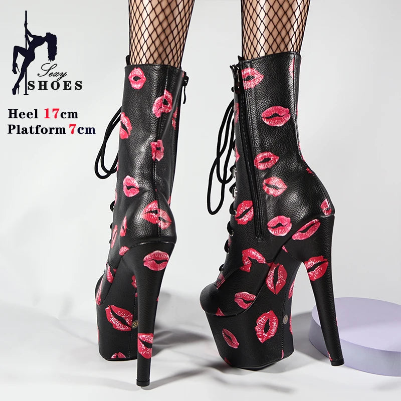 Sexy kurze Stiefel mit runder Spitze und Lippenstift-Print, dünne Absätze, Stripper-Schuhe, Stiefeletten für Frauen, 17 cm 20 cm Plateau-Pole-Dance-Heels