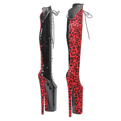 Leecabe 26CM/10 pouces couleur rouge léopard avec couleur noire vernie sexy exotique talon haut plate-forme chaussures de fête Pole Dance boot