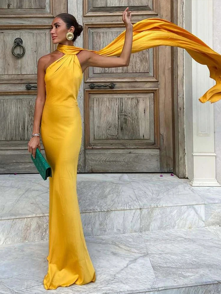 Sexy Ribbon Halter Backless Long Dress Women Yellow Sleeveless High Waist Slim Evening Dresses 2024 Summer Hip Package Party Rob