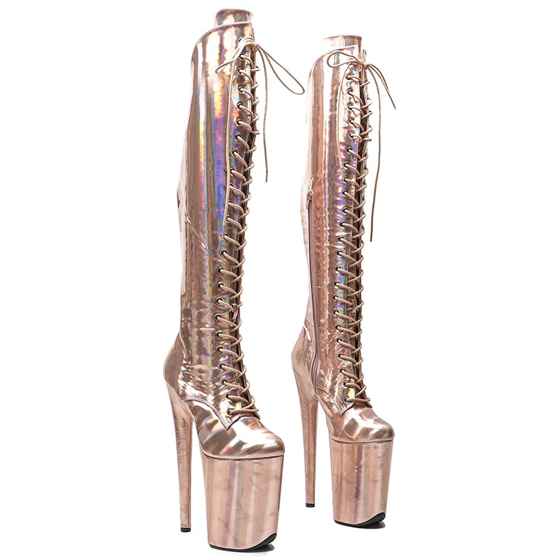 Leecabe 23CM/9 pouces matériau brillant PU mode dame talon haut plate-forme bottes de pole dance