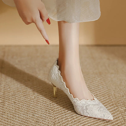 Embroidered Bridal Shoes Wedding Shoes Retro French Sandals 6.5cm High Heels Single Shoes Thin Heels Banquet Pointed Pumps 34-39