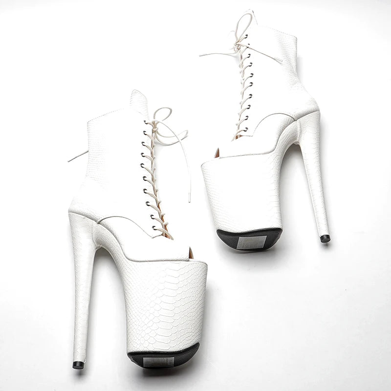 Leecabe White color Snake PU 23CM/9inches open toe  Pole dancing platform Pole Dance boots