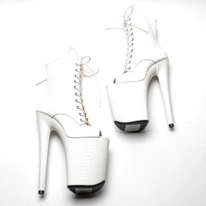 Leecabe White color Snake PU 23CM/9inches open toe  Pole dancing platform Pole Dance boots