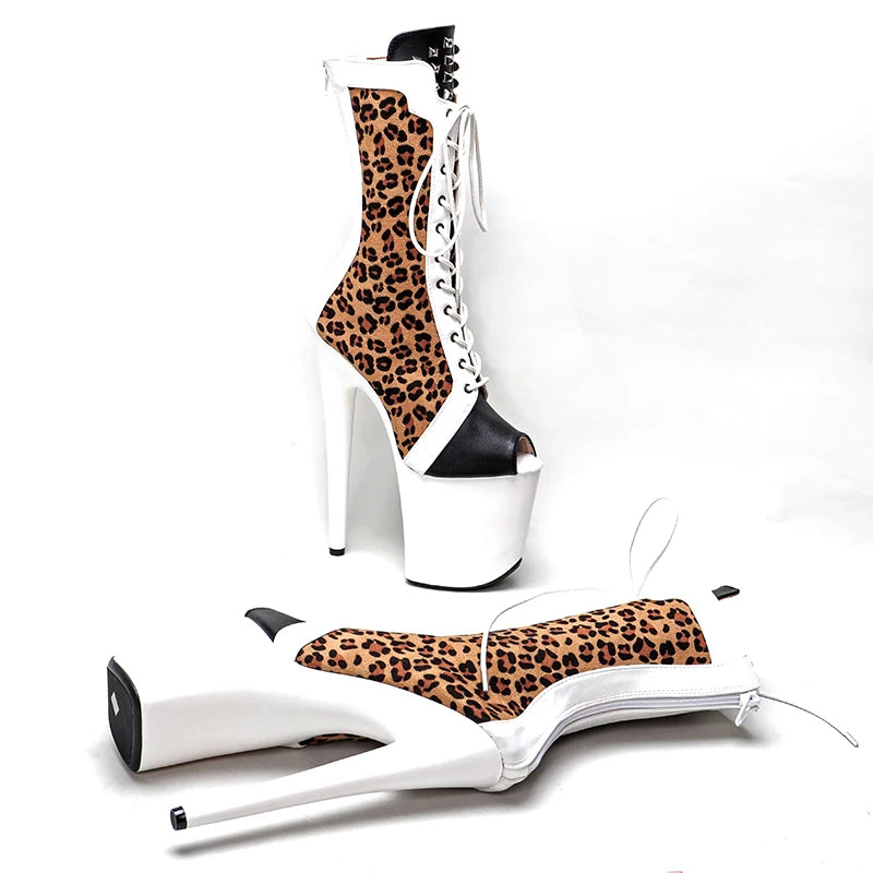 Leecabe 20CM/8Inch Léopard blanc mette PU dessus ouvert mode talons hauts Pole Dance boot