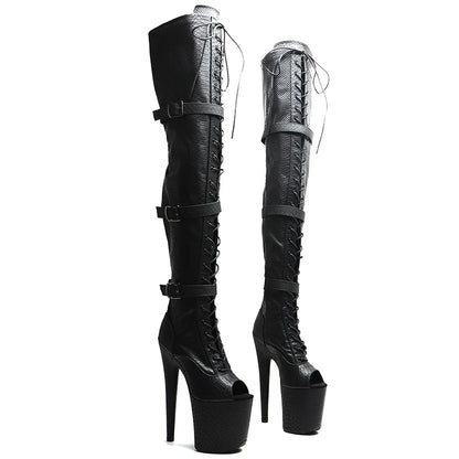 Leecabe 20CM/8 pouces Matte Snake PU Tendance mode Bout ouvert Talon haut Plateforme talon stripper Pole Dance bottes