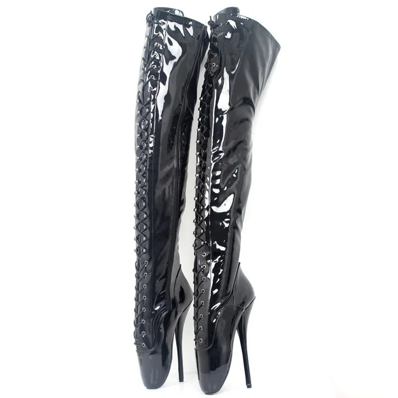 CACA Fetish 18cm/7" Bottes de ballet à talons hauts extrêmes pour femmes, chaussures de pole dance pour hommes, bottines gothiques punk reine croisées