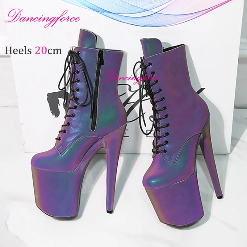 20CM/8 Zoll Leuchtende PU Exotische Pole Dance Stiefel Nachtlicht Holografische Reflektierende Stripper Plattform Party High Heels Schuhe