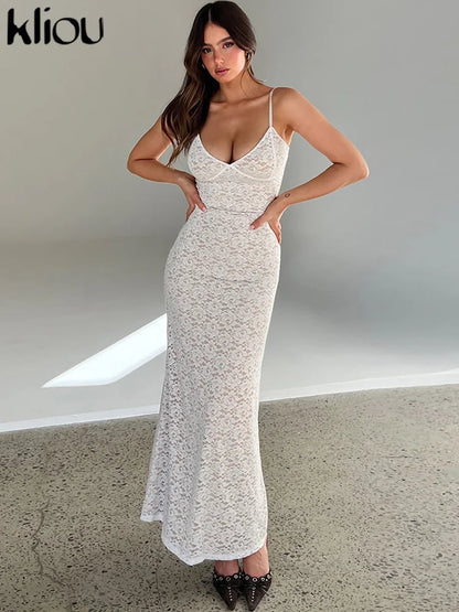 Kliou Mesh Hollow Out Maxi Dress Femmes Hipster Élégant Spaghetti Strap Body-shaping Tendance Robe Femme High Street Party Robe