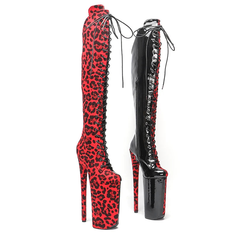 Leecabe 26CM/10 pouces couleur rouge léopard avec couleur noire vernie sexy exotique talon haut plate-forme chaussures de fête Pole Dance boot