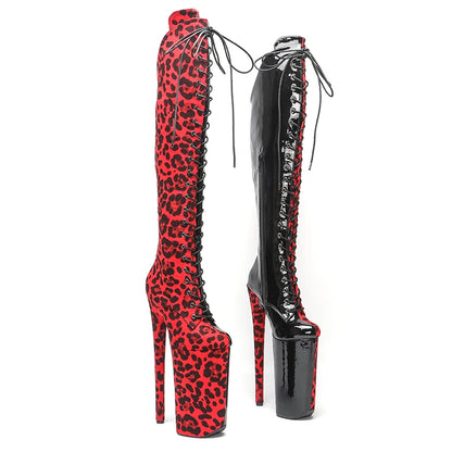 Leecabe 26CM/10 pouces couleur rouge léopard avec couleur noire vernie sexy exotique talon haut plate-forme chaussures de fête Pole Dance boot