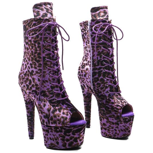 Leecabe 7inch/17CM leopard material  High Heel platform Boots  Pole Dance shoes