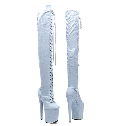 Leecabe 20CM/8Inch Denim PU UPPER   Platform disco party High Heels Shoes Pole Dance boot