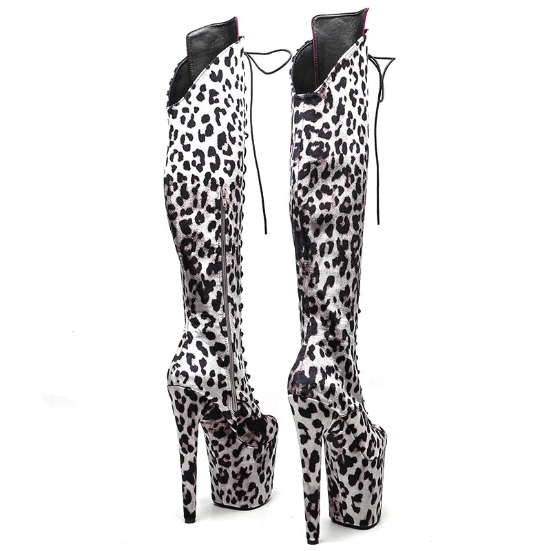 Leecabe 20CM/8 pouces Tige léopard avec languette en daim Chaussures de pole dance Bottes à talons hauts Bottes de pole dance