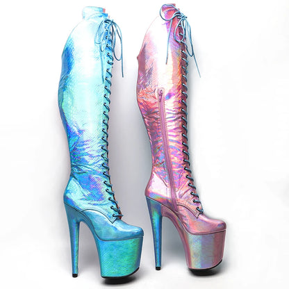 Leecabe Holo Pink mit Blau 20CM/8inch Pole Dancing High Heel Plateaustiefel mit Spitze und Reißverschluss