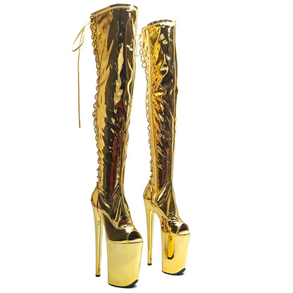 Leecabe 23CM/9 zoll Shiny PU Obermaterial mode dame offene spitze High Heel plattform stripper ferse Pole Dance stiefel