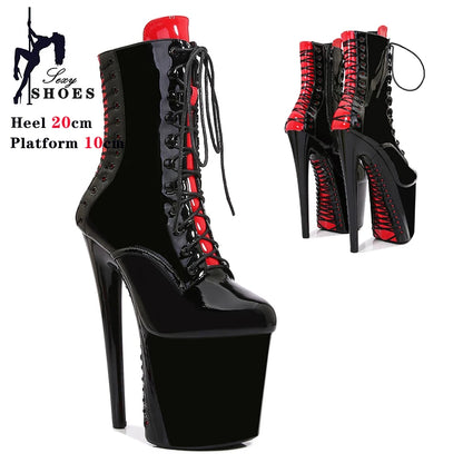 Bottines sexy gothiques fétichistes noires à lacets rouges pour femmes, talons hauts de 8 pouces, plateforme de 15 cm, 17 cm, 20 cm, chaussures de danse sur poteau pour strip-teaseuse