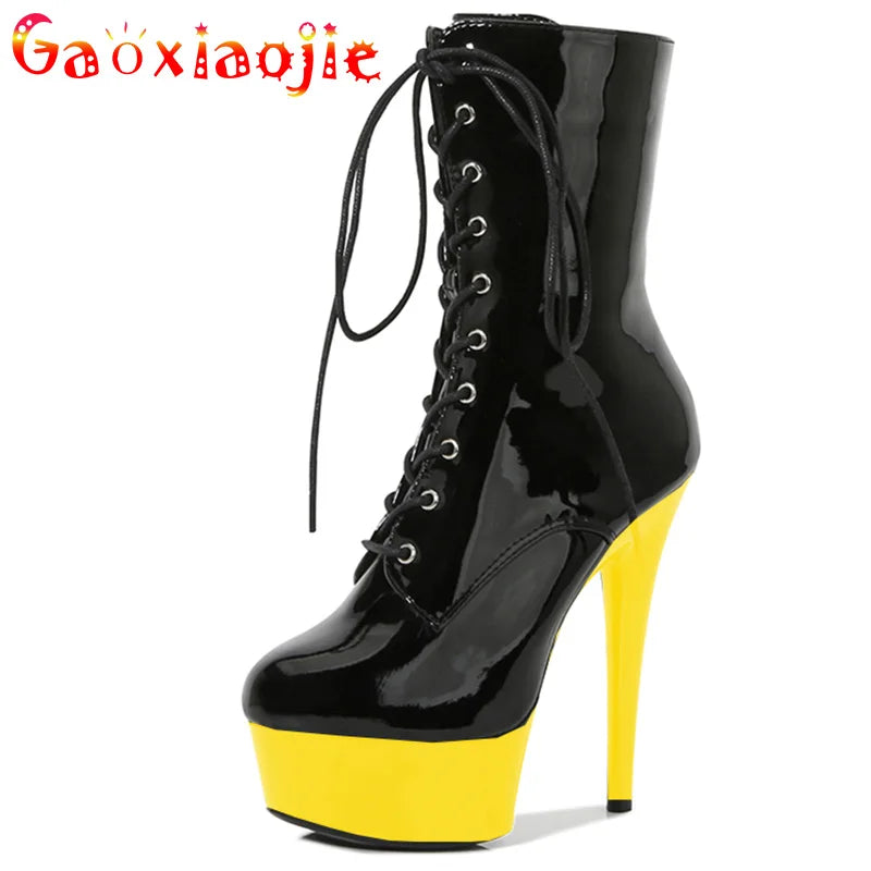 Chaussures de défilé sexy 2022 talons à bout rond Stripper Pole Dance plateforme hologramme femmes bottines 15 cm à lacets bottes romaines pour femmes