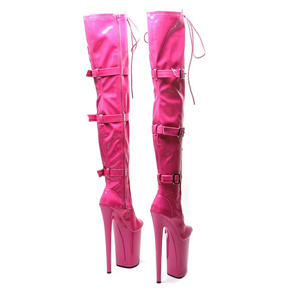 Leecabe 23CM/9 pouces brillant PU verni petit bout ouvert mode dame talon haut plate-forme Pole Dance bottes