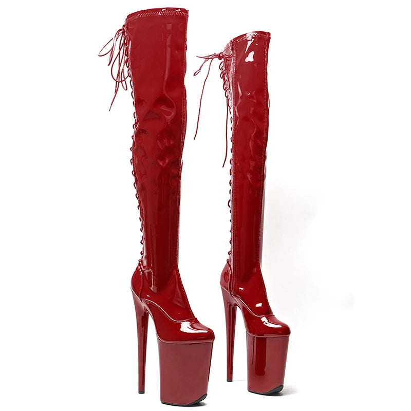 Leecabe 23CM/9 pouces matériau verni PU mode dame talon haut plate-forme bottes de pole dance