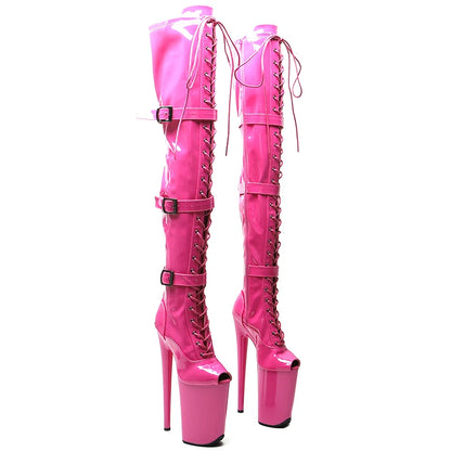 Leecabe 23CM/9 pouces brillant PU verni petit bout ouvert mode dame talon haut plate-forme Pole Dance bottes