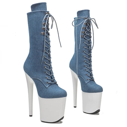 Leecabe   20CM/8inches White  platform with denim upper  High Heel platform Pole Dance boots