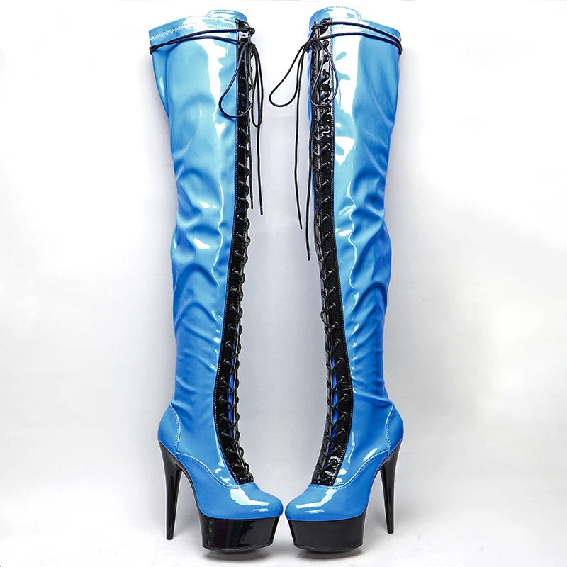 Leecabe 15CM/6Inch bleu verni avec tige noire bottes à talons hauts plateforme bottes de pole dance