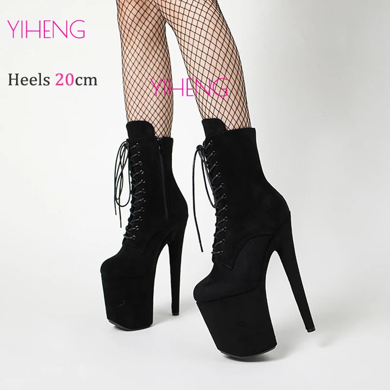 20cm Sexy Black Platform Pole Dance Shoes High Heels Laces Round Toe Low Leg Stripper Heels Black Suede Ankle Boots