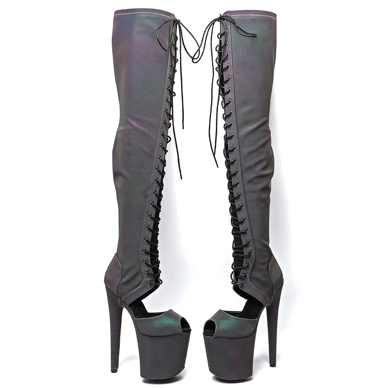 Leecabe 20CM/8 pouces Matériau réfléchissant Tige en PU Talon haut Plateforme Bottes Pole Dance Bottes